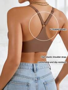1 buah Bra Push-Up Wanita Tanpa Jahitan dengan Penutup Depan, Leher V, Desain Garis Punggung & Bahu Halus, Cocok untuk Kencan, Bepergian, atau Pesta - Coklat - View 2