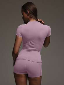 PinkTip Basic Top And Shorts Set, High-Waisted Loose Fit, Casual And Fitness Essential Item For Summer Sports - Pink - View 4