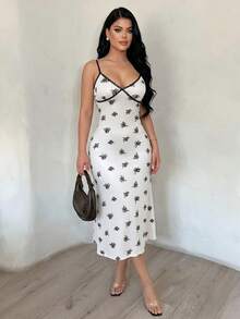 Sexy Lace Trim Patchwork V-Neck Sleeveless Fashion Print Fitted Long Slip Dress Elegant Party White - White - View 5
