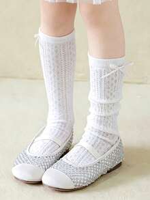 1 Pair Girls' Thin Bowknot Crew Socks, White Mesh Long Socks, Suitable For Dresses, Spring/Summer - White - View 2