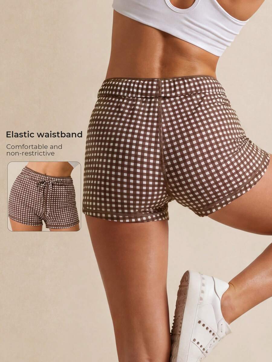 Women's High Waist Plaid Fitness Training Running Shorts, Brown Drawstring Yoga Sports Cycling Shorts