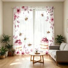 2pcs Watercolor Cherry Blossom & Cake Sheer Curtains-Adorned With Cherry Blossom, Cake, And Bee Motifs; Light-Filtering With 2D Flat Printing; Suitable For Bedrooms, Living Rooms, Dining Rooms, And Kitchens. - Multicolor - 2pcs - View 8