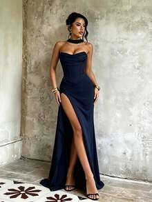 Elegant Sleeveless Strapless Fitted Maxi Dress With Thigh Slit And Asymmetrical Design, Suitable For Parties Or Formal Occasions Summer - Navy Blue - View 4