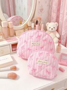 Pink Bow Cosmetics Bag Large Capacity Makeup Bag Portable Coin Wallet Zipper Coin Purse Small Items Storage Pouch Strip Pattern Lipstick Earbuds Bag - Multicolor - View 13