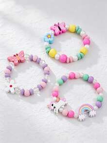 Set di 3 braccialetti in perline di legno con unicorno e farfalla per bambini, braccialetti elastici con ciondoli floreali arcobaleno, gioielli carini a tema cartoni animati, regali di amicizia per ragazze - Multicolore - Visualizzare 1