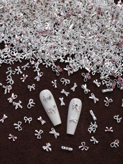 30/50/102pcs Mini Nail Art Decoration Set, Multiple Styles Bow Silver Nail Art Charms, French Versatile Metal Summer Nail Accessories, Suitable For Short Nails, Applicable For Valentine's Day, Music Festival, Multi-Functional DIY Decorations