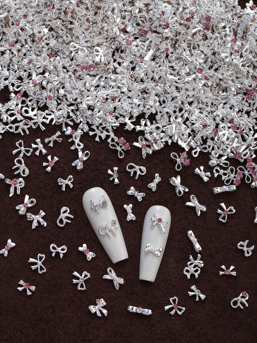 30/50/102pcs Mini Nail Art Decoration Set, Multiple Styles Bow Silver Nail Art Charms, French Versatile Metal Summer Nail Accessories, Suitable For Short Nails, Applicable For Valentine's Day, Music Festival, Multi-Functional DIY Decorations - Multicolor - View 1