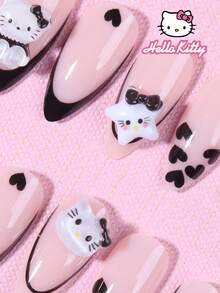 Sanrio Hello Kitty 24片杏仁形黑色愛心法式指尖美甲貼，附可愛3D Hello Kitty、蝴蝶結與愛心裝飾，完美貼合壓克力假指甲套組，含1片果凍膠與1片美甲锉，適合女孩日常與派對使用 - 彩色 - 查看 2