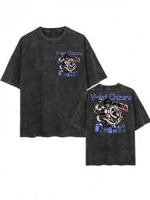Camiseta negra vintage lavada con gráfico de la figura de la guerrera anime Violet Chizuru con espada katana, estética de ropa urbana japonesa, estilo retro manga, diseño artístico de person - Negro - Ver 1