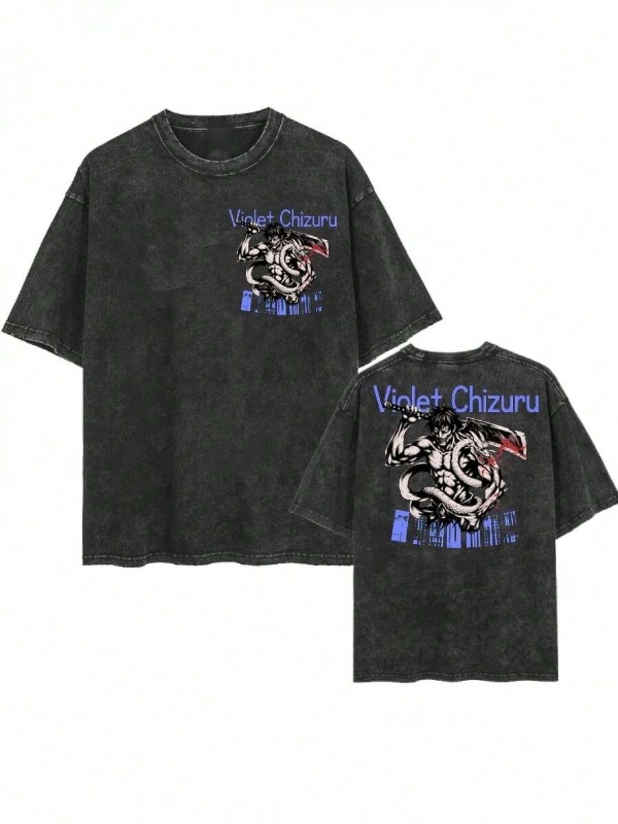 Camiseta negra vintage lavada con gráfico de la figura de la guerrera anime Violet Chizuru con espada katana, estética de ropa urbana japonesa, estilo retro manga, diseño artístico de person - Negro - Ver 1