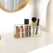 3-Compartment Makeup Brush Holder Glass And Brass Cosmetic Storage - 金色 - 查看 3