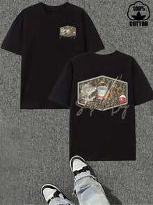 Camiseta casual de cuello redondo, hecha de% algodón, con un pequeño estampado de una granja pesquera en la parte superior izquierda del pecho y un gran estampado detallado en la espalda - Blanco - Ver 6