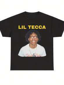 Lil Tecca Mercancía para hombres - Sudadera de manga corta con estampado oficial del álbum y del sencillo| Lil Tecca T Camisa Cuello redondo casual Mercancía de artistas musicales(Lavable a máquina)Ropa para fans adecuada para usar durante todo el año - Negro - Ver 1