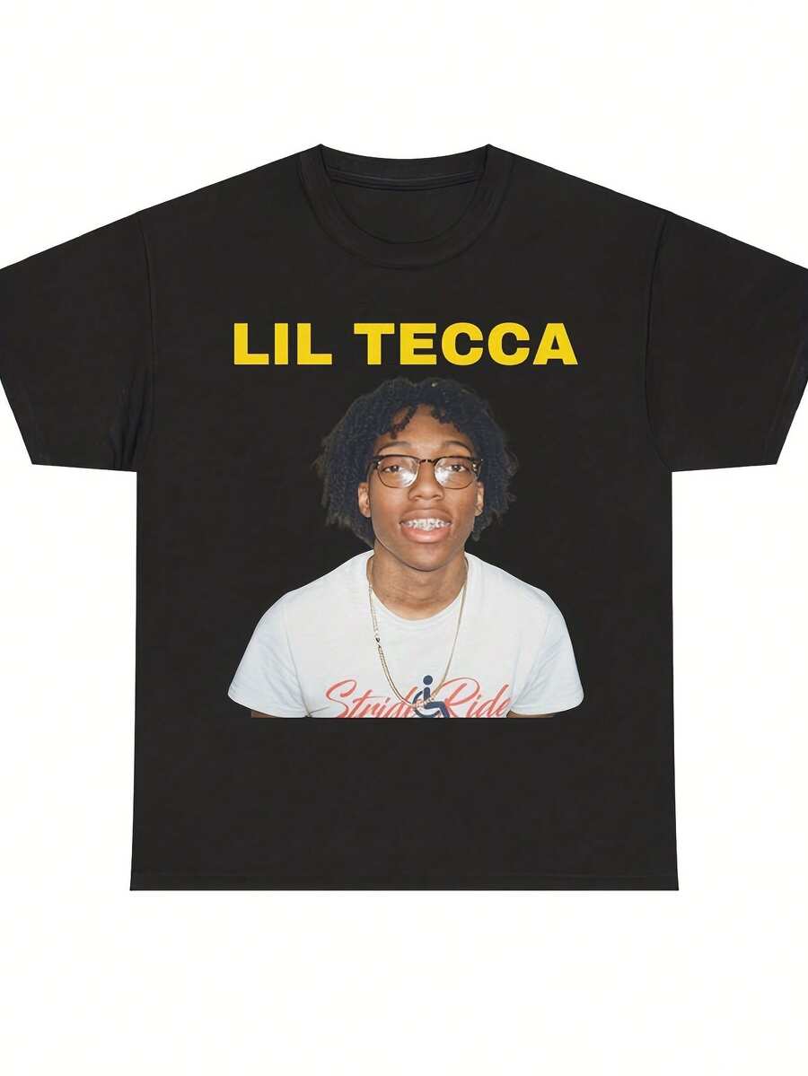 Lil Tecca Mercancía para hombres - Sudadera de manga corta con estampado oficial del álbum y del sencillo| Lil Tecca T Camisa Cuello redondo casual Mercancía de artistas musicales(Lavable a máquina)Ropa para fans adecuada para usar durante todo el año - Negro - Ver 1