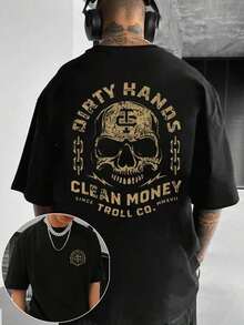 Y2K Vintage Graphic T-Shirt |  Dirty Hands With Clean Money Skull Design | Graphic Tee | Gifts For Men | Gifts For Boyfriend | 100% Cotton | 180Gsm  | Unisex - Noir - Voir 1
