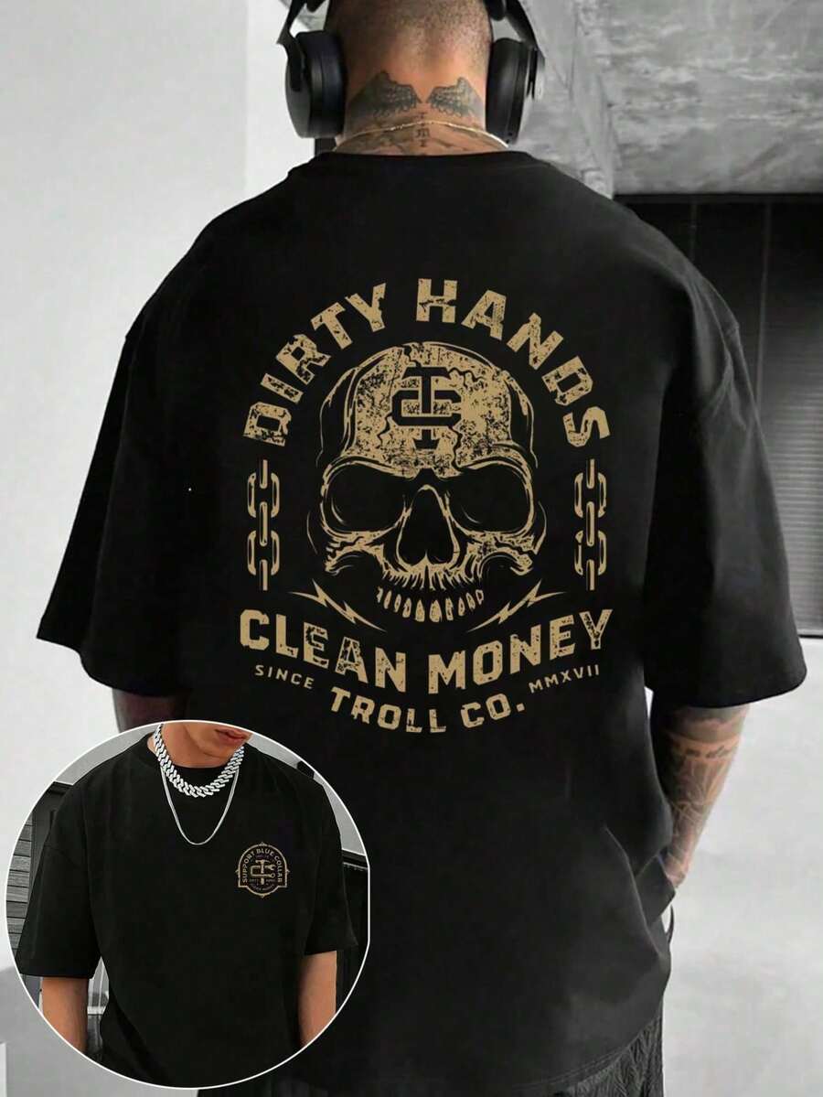 Y2K Vintage Graphic T-Shirt |  Dirty Hands With Clean Money Skull Design | Graphic Tee | Gifts For Men | Gifts For Boyfriend | 100% Cotton | 180Gsm  | Unisex - Noir - Voir 1