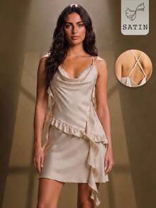 Rouah Robe mini en satin à col bénitier pour femmes, sans manches, couleur champagne, avec volants en cascade sur les côtés et sangles ajustables croisées pour les fêtes d'été - Kaki - Voir 1