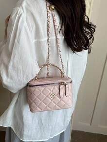 Tas Persegi Kecil Rantai Hitam Berquilting, Tas Kosmetik Mini Genggam, Tas Selempang Serbaguna, Tas Tangan Komuter dengan Liontin Hati - Berwarna merah muda - View 8