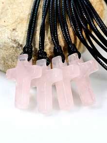 Collar con colgante de cruz de cuarzo rosa natural, cordón de cuero bohemio, piedra natural, joyería para oración y meditación - Rosa - Ver 1
