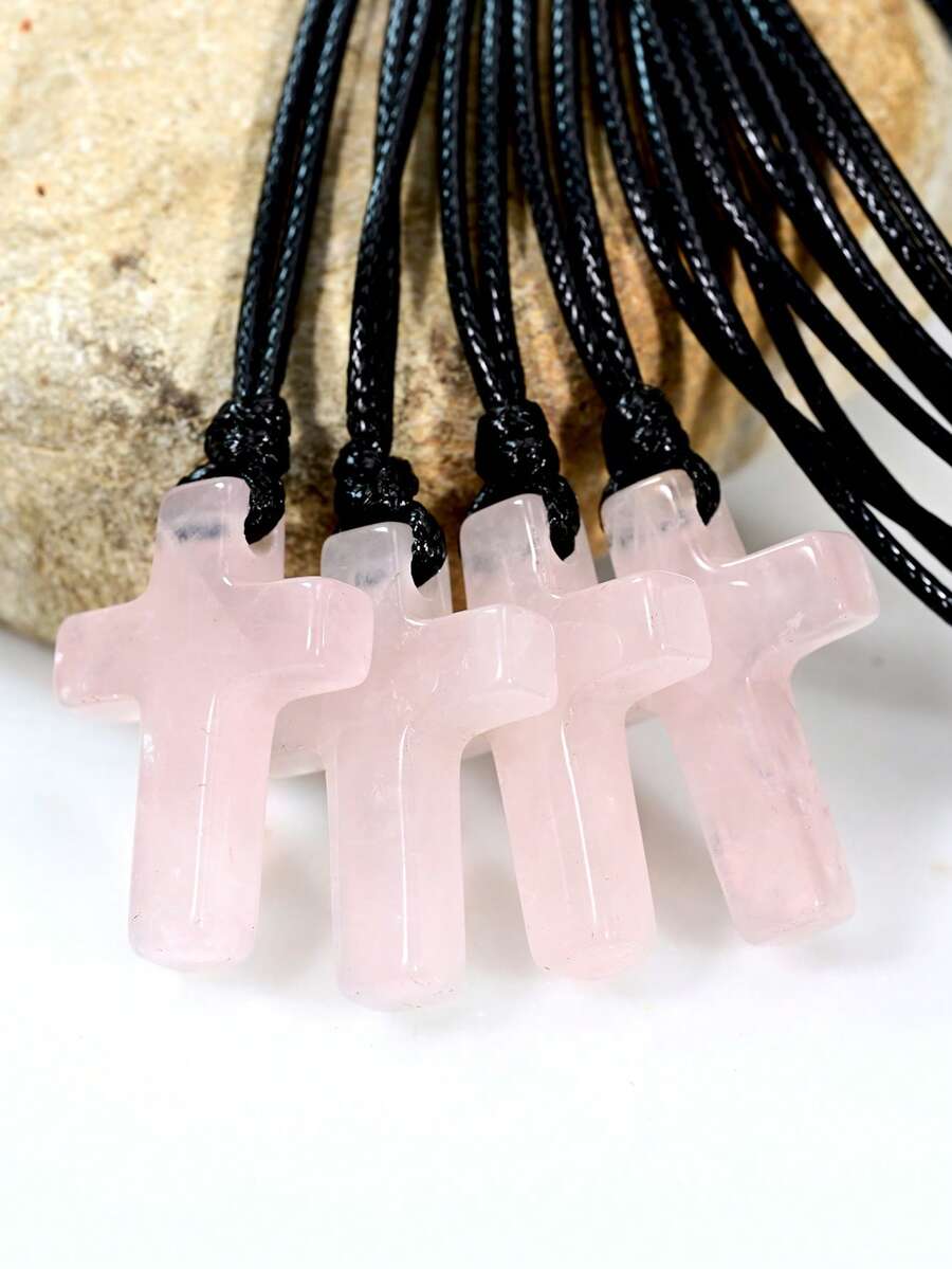 Collar con colgante de cruz de cuarzo rosa natural, cordón de cuero bohemio, piedra natural, joyería para oración y meditación - Rosa - Ver 1