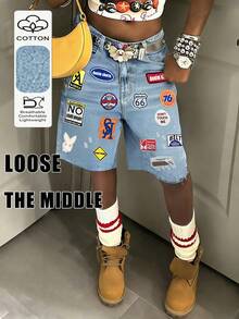 Quần short denim thêu họa tiết phong cách Y2K Streetwear thường ngày, quần short denim cạp trung, kiểu dáng gợi cảm cho mùa hè. - Rửa trung bình - Xem 1