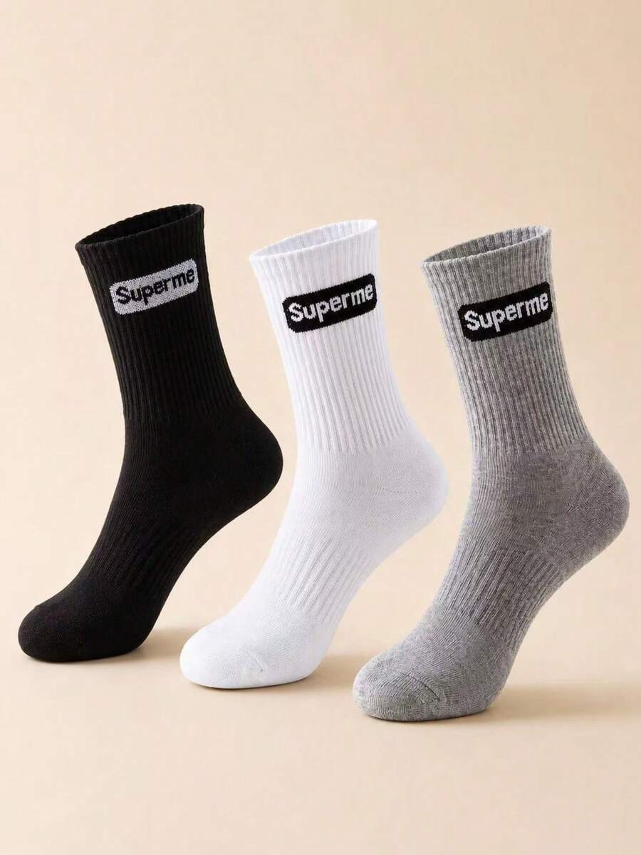 3 Pairs Unisex Ribbed Socks | Bold "" Logo Design | Soft & Comfortable | Breathable & Durable | Casual Streetwear Style | Perfect For Daily Wear, Sports, And Street Fashion - Multicolor - View 1