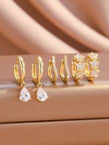 6pcs/Set Zirconia Stud Earrings Set, Polished Teardrop + Five-Pointed Star + Twisted Earring Decor, Shiny Glossy Versatile Women's Earrings, JENNIE Style Earrings, Fashion Women's Daily, Work, Shopping Essential - Gold - View 6