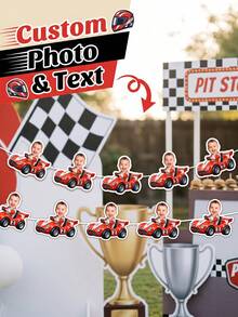 8/16/24pcs Custom Red Race Car Face Bunting Banner,Personalized First Birthday Garland,Boys Race Car Backdrop,/Gender Reveal Party Decor, Checkered Flag, Fast One - Multicolor - View 2