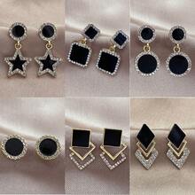 12pcs Exquisite Rhinestone & Oil Drop Black Square Earrings For Women, Minimalist Luxury Fashion Versatile Ear Drops - Multicolor - View 3