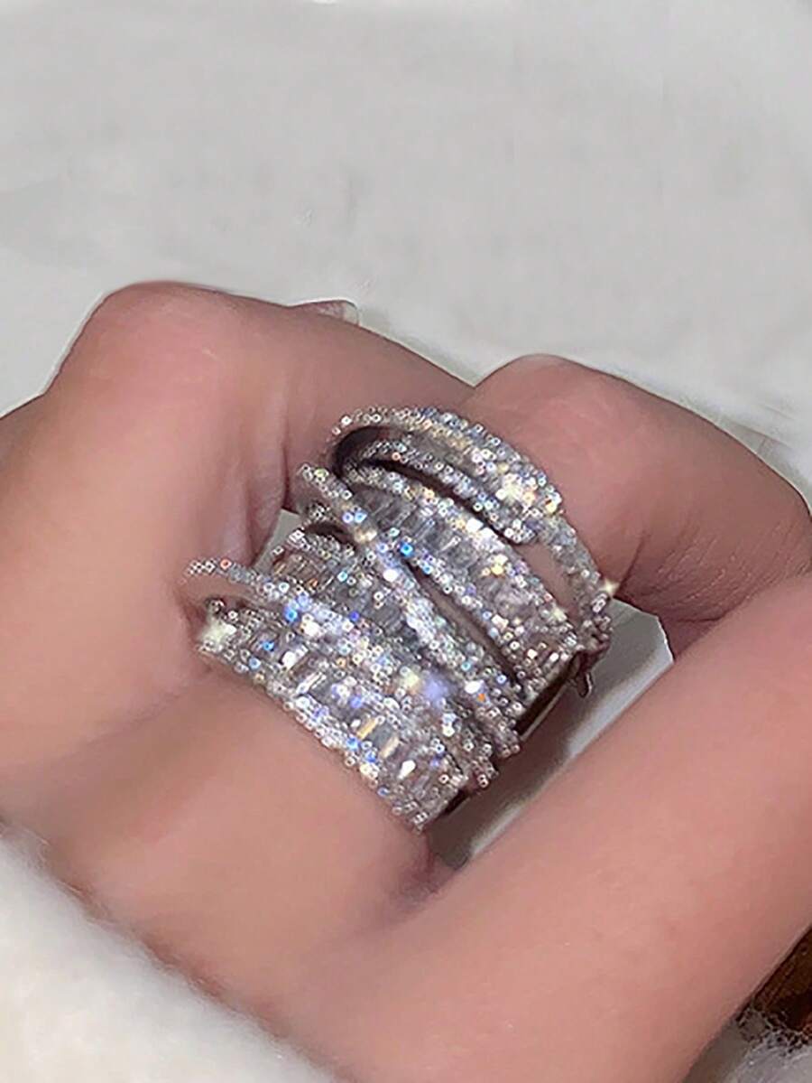 jealous young 1pc Dreamy Multi-Layer Cubic Zirconia Engagement Ring, Suitable For Women And Girls Daily Wear, Openable, Jewelry Gift - Platinum - View 1