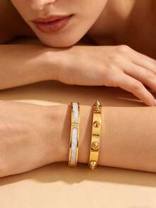 VceTd 2PCS Fashion Style Rivet Decorated Combined Design Glass Inlaid Stainless Steel Women's Bracelets, Suitable For Women's Fashion Outings, Vacations Or Party Gatherings - Yellow Gold - View 4