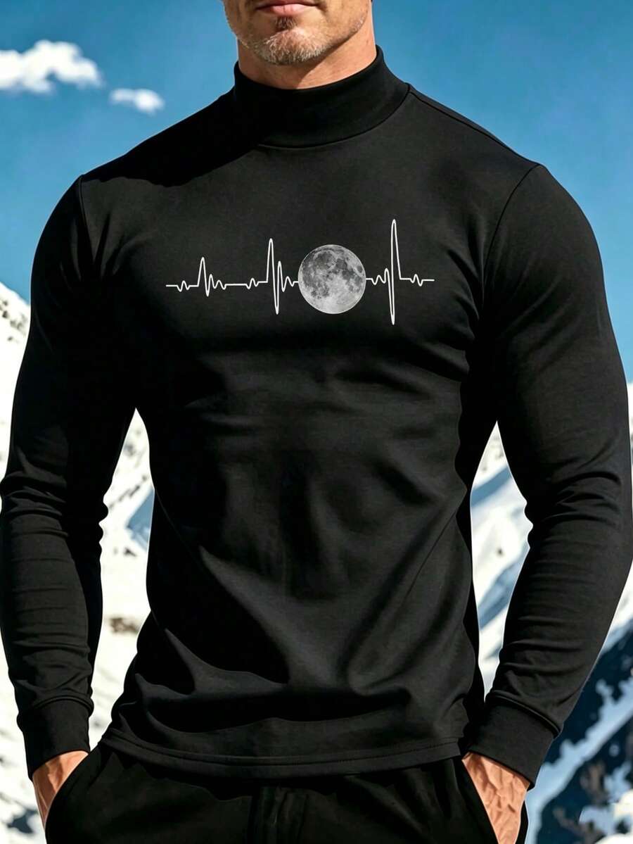Ny kreativ långärmad t-shirt för män med Frequency Moon och falsk krage - Svart - Visa 1