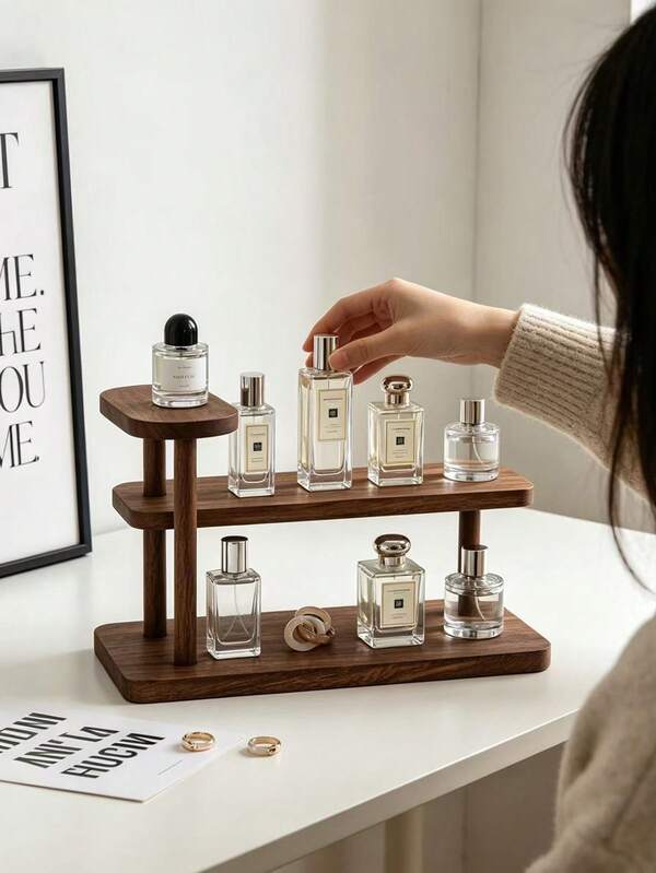 1pc Vintage Style Multi-Layer Design Wooden Perfume & Cosmetic Display Stand, Retro Solid Wood Makeup Organizer, Multi-Tier Cosmetic & Perfume Showcase Rack, Desktop Vanity Perfume & Skincare Storage Shelf, Lipstick & Jewelry Entryway Organizer