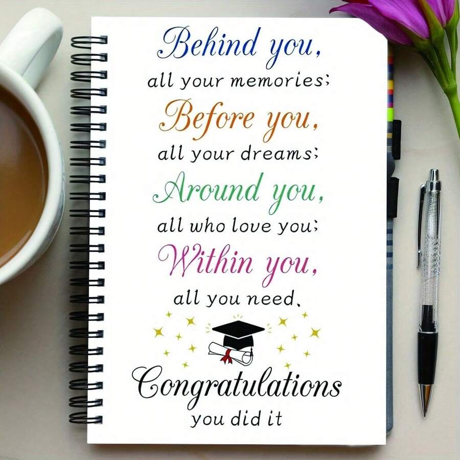 Graduation Inspirational Notebook, Spiral Bound, Vibrant Quotes, Graduation Cap & Star Pattern Design, Lined Pages, Perfect Gift For Students To Celebrate Achievements And Dreams - A - View 1