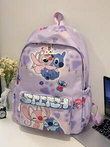 Disney Lilo Stitch & Angel 印花後背包，可愛大容量學生書包，適合青少年女孩休閒日常使用，防水輕量學生後背包 - 彩色 - 查看 3
