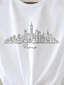 Talla grande, camiseta blanca para mujer, camiseta de manga corta con estampado de ciudades americanas, diseño de líneas simples estilo europeo y americano, material suave, agradable al tact - Negro - Ver 3