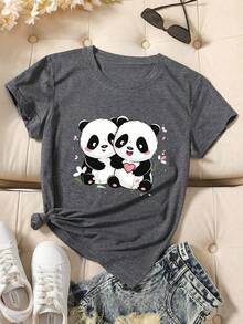 Camiseta de manga corta con cuello redondo y estampado de panda, de estilo casual y lindo para el verano - Negro - Ver 1