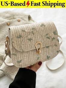 Boho Floral Embroidery Straw Beach Bag Mini Woven Buckle Decor Flap Saddle Bag Shoulder Crossbody Bag Summer Vacation White Purse Travel Essential - 彩色 - 查看 1