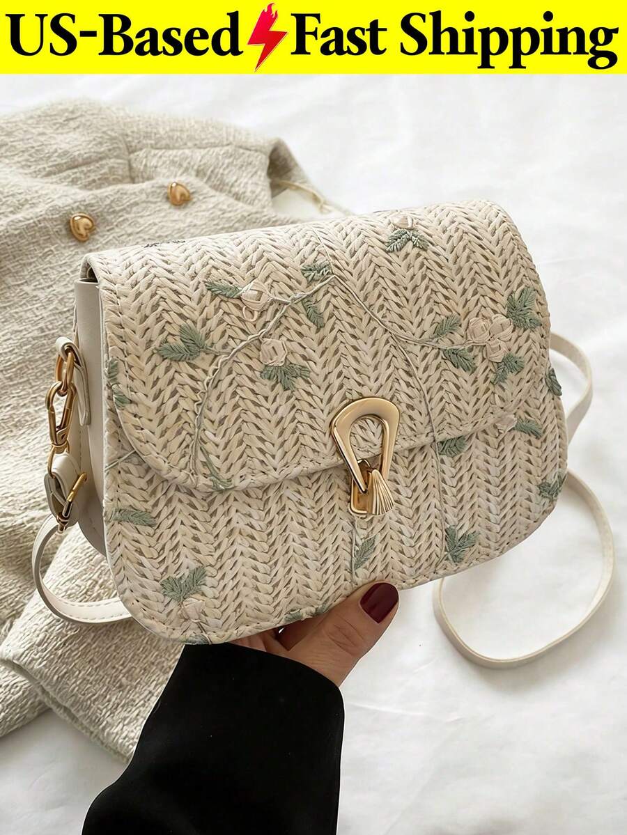 Boho Floral Embroidery Straw Beach Bag Mini Woven Buckle Decor Flap Saddle Bag Shoulder Crossbody Bag Summer Vacation White Purse Travel Essential - 彩色 - 查看 1