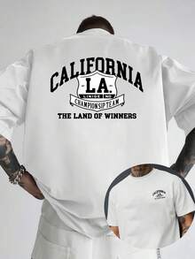 Camiseta de cuello redondo para hombre, nueva, con estampado de doble cara de California, Los Ángeles, estilo casual, deportivo, moderno y holgado, para estudiantes y adolescentes, de manga - Negro - Ver 8