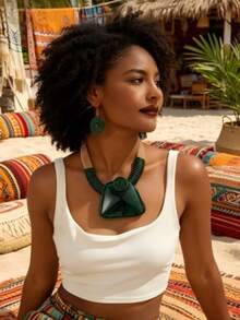 Exaggerated Multi-Layer Handmade Heavy Work Woven Beaded Resin Fashion Vintage Bright European American Bohemian Grant African Korean Middle Eastern Party Vacation Beach Square Necklace And Earrings Set - Green - View 9