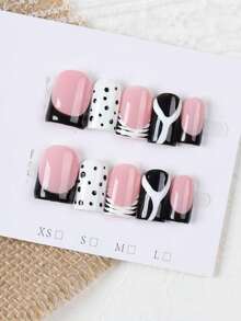 10Pcs Hot Girl Y2K Duck Bill Press On Nails, Nude Pink Black French Tips With Hand-Drawn Polka Dots, Zebra Stripes & Asymmetrical White Ribbons, Glossy Reusable Handmade False Nails For Daily, Dating & Street Style, Ideal Gift For Girls. - Follow Your Heart - View 8