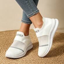 Women White Transparent Colorblock Casual Breathable Sneakers Street Style Low Top Skateboard Shoes, Comfy Non-Slip Lace Up Casual Sneakers - 白色 - 查看 1