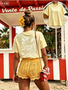 Casual Sexy Party Round Neck Short Sleeve Plus Size Tee With Beach Scene Graphic, Perfect For Summer Outfits And Festival Wear - 黃色 - 查看 16