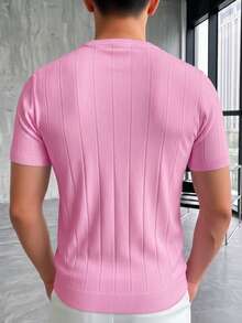 Suéter casual de punto acanalado de cuello redondo de manga corta de unicolor para hombres GRDR - Rosa - Ver 4