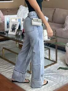 Chicsale Women's Loose Straight Leg Jeans, Wide Leg Denim Pants With Cuffed Hem For Women, Relaxed Fit Casual Streetwear Jeans High Rise Comfortable Trousers - 淺色水洗藍 - 查看 6
