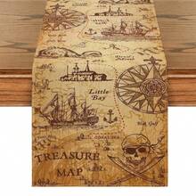 1pc Pirate Treasure Map Table Runner, Indiana Jones Themed Decor, Multiple Sizes, Machine Washable, Polyester Fiber Rectangular Tablecloth For Home Decoration - Multicolor - View 13