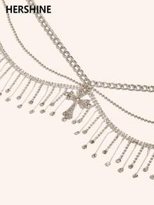 Hershine 1pc Zinc Alloy Silver Rhinestone Tassel Chain Multi-Layer Waist Chain Fashionable Gorgeous Elegant Women's Dress Waist Chain Accessory - M333 Silver Rhinestone Tassel Multi-layer Waist Chain - View 3