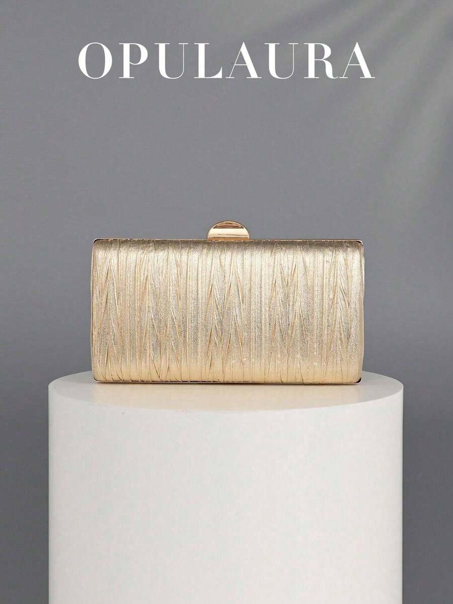 OpulAura Retro Luxury Clutch Bag, Gold Leather Pleated Design Fashion Party Purse, Elegant Box Handbag With Chain Strap, Suitable For Party/Wedding - Vàng - Xem 1