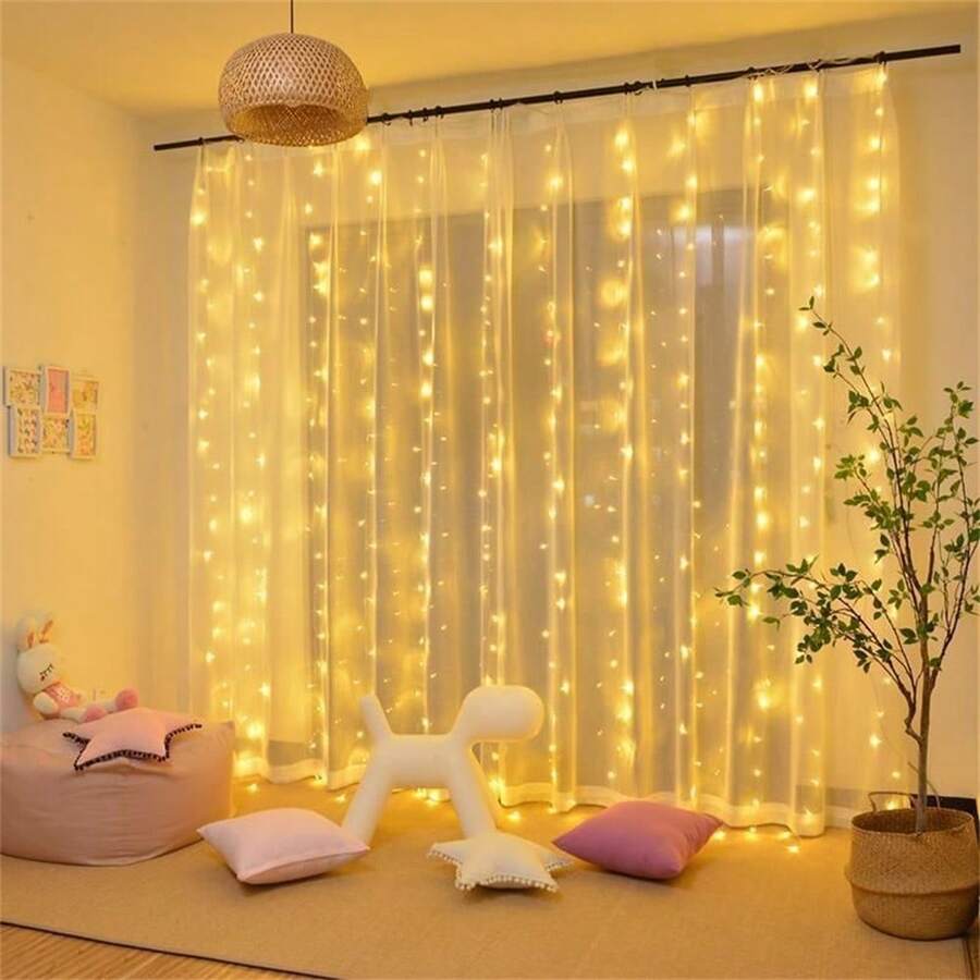 1入 LED 仙女串燈窗簾燈，8種照明模式，遙控操作，USB供電，適用於臥室、聖誕節、派對、婚禮、節日室內裝飾